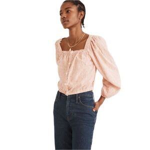 Madewell Puff Sleeve Button Front Cropped Embroidered Stripe Size Medium